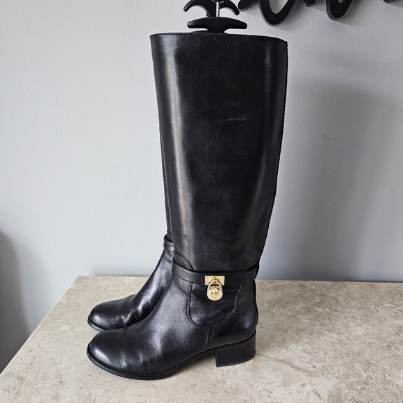 Michael Kors Hamilton Riding Boots Women’s Size 7.5 Black Leather Knee High Gold - Picture 5 of 12